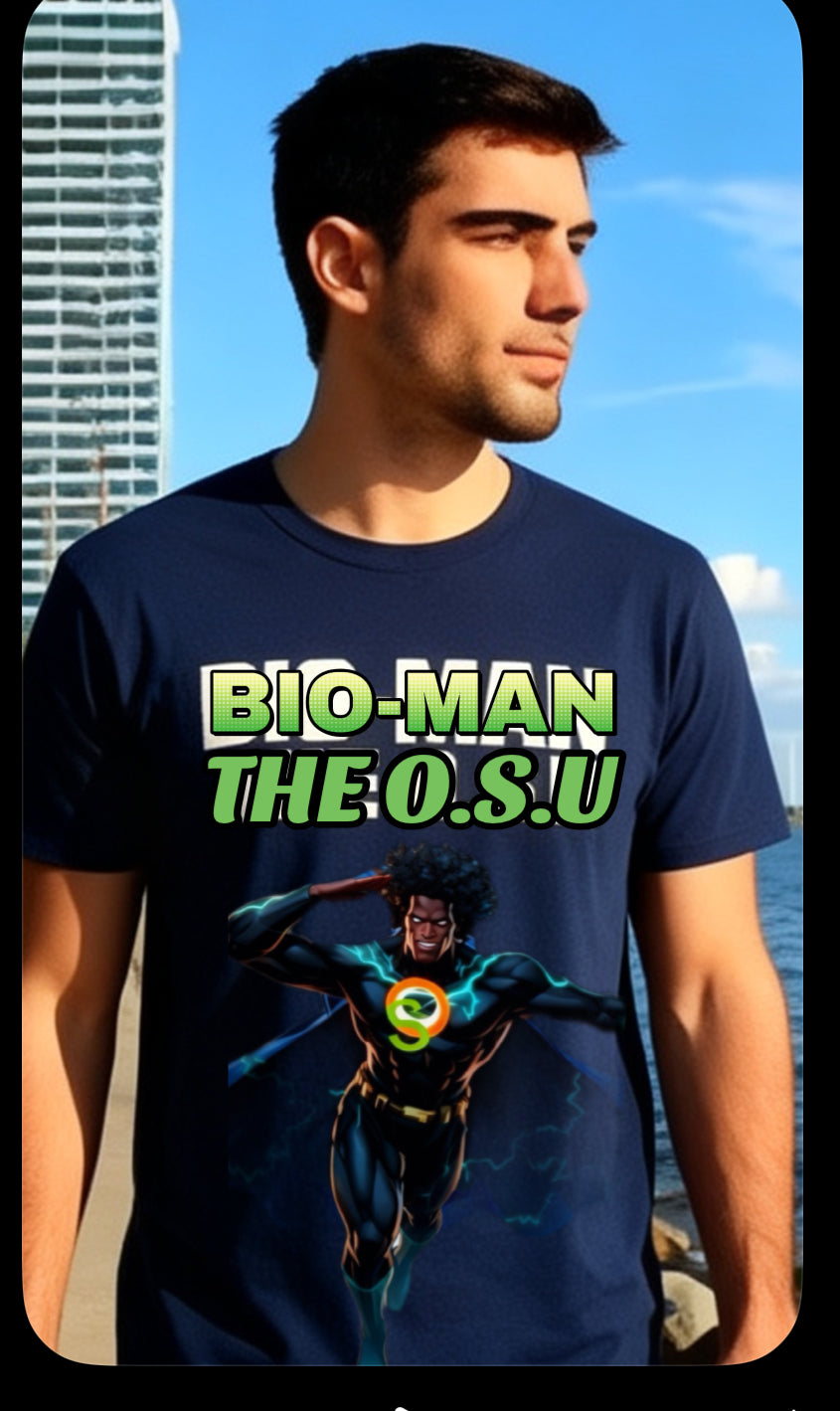 T-shirt Design: The shirt features text reading "BIO-MAN THE O. S. UNIVERSE " in large green letters with a white outline, and below it "THE O.S.U"  an illustration of COMIC BOOK superhero character