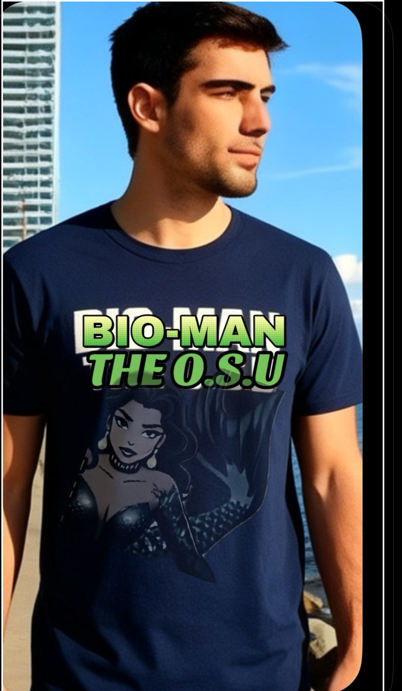 T-shirt Design: The shirt features text reading "BIO-MAN THE O. S. UNIVERSE " in large green letters with a white outline, and below it "THE O.S.U"  an illustration of COMIC BOOK superhero character