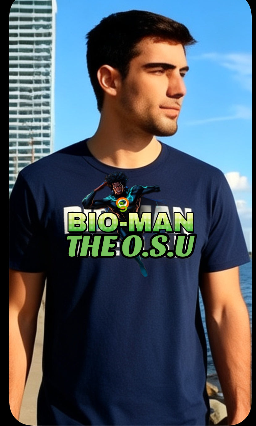 T-shirt Design: The shirt features text reading "BIO-MAN THE O. S. UNIVERSE " in large green letters with a white outline, and below it "THE O.S.U"  an illustration of COMIC BOOK superhero character